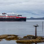 The new Hurtigruten ship MS Roald Amundsen is on it's first voyage and is arriving Honningsvåg. First voyage